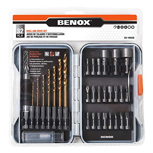 Benox Titanium Metal Drill Bits 1/4" Hex Shank Quick Release Drill Bits Screwdriver Bit Set Extension Holder Quick Change Holder High Torque Screw Driver Bit (32pcs Drill And Screwdriver Bits)