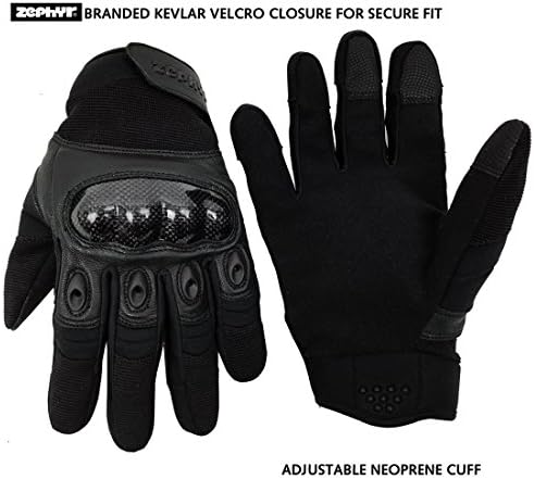Zephyr Tactical ZT-2230-CARKFULL-BLK-M Full Finger Carbon Fiber Knuckle Glovess with Touchscreen Technology, Black, Medium