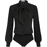 Kate Kasin Women Bow Tie Neck Office Blouse Button Down Long Sleeve Bodysuits Blouse Top
