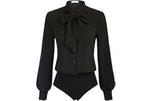 Kate Kasin Women Bow Tie Neck Office Blouse Button Down Long Sleeve Bodysuits Blouse Top
