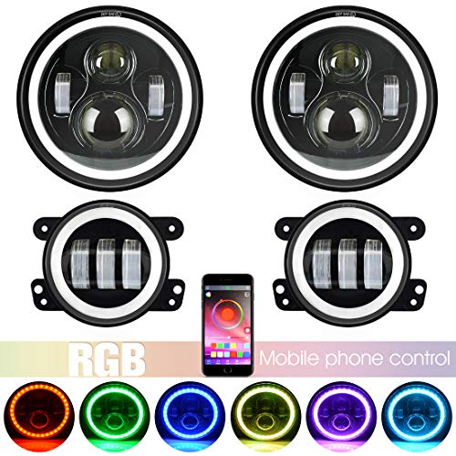 7" LED Headlights with RGB Halo + 4" LED Fog Lights for Jeep Wrangler 1997-2017 JK TJ LJ Bluetooth Remote Control - Thumbnail 6