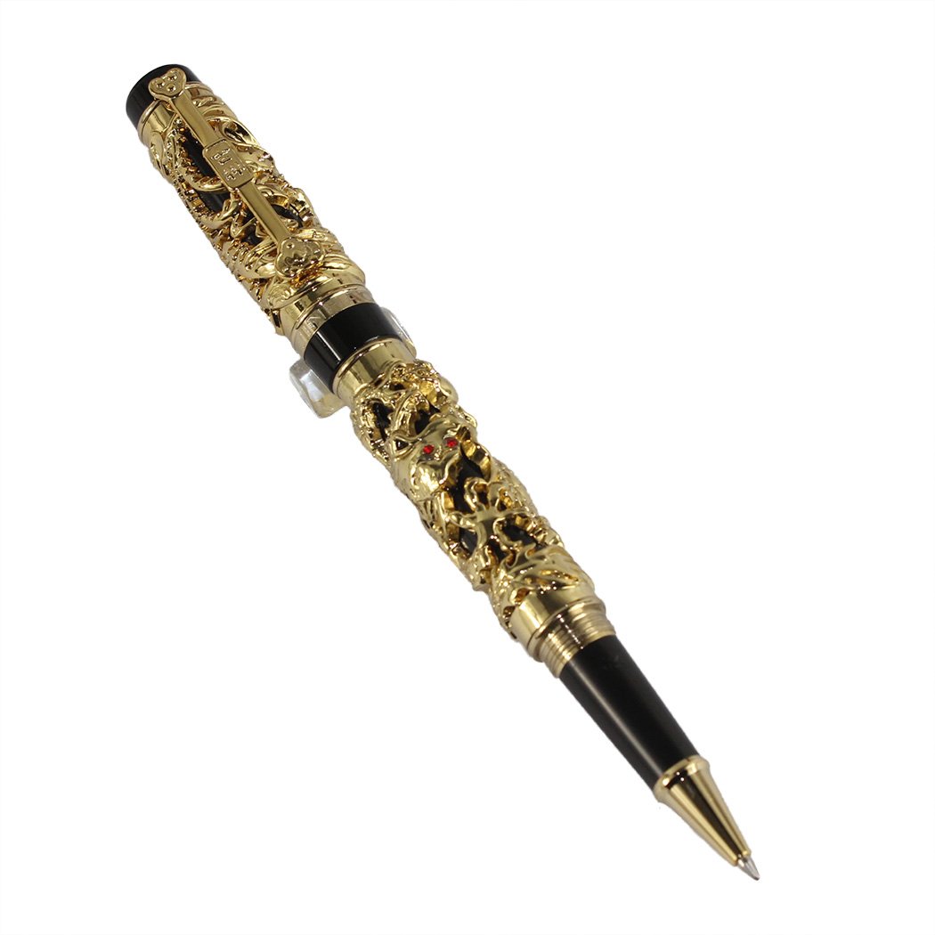 Gullor Noblest Dragon and Phoenix Rollerball Pen with PU Leather Pen Pouch - Golden