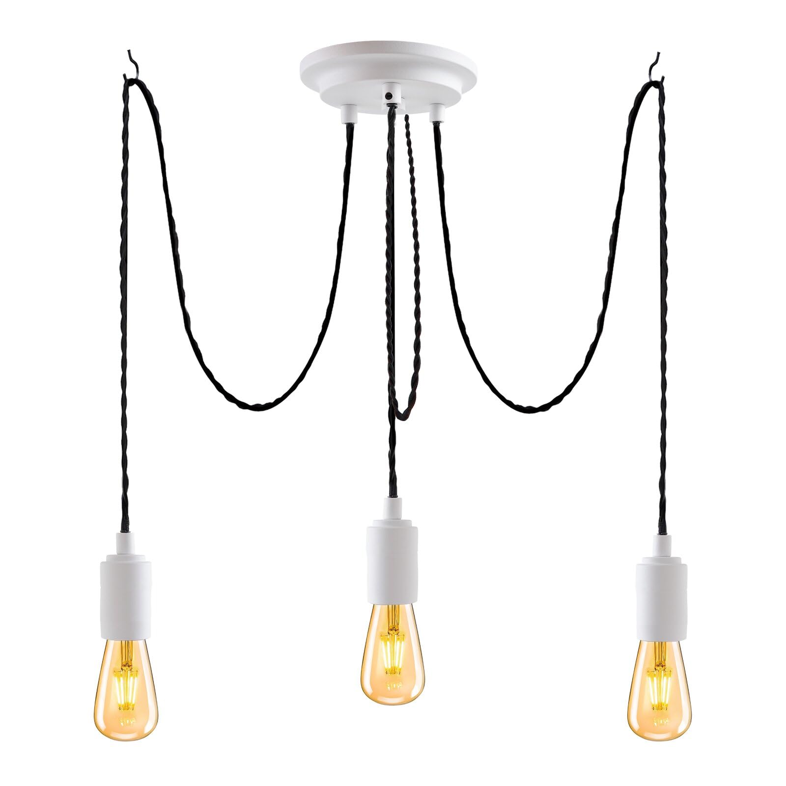 JIAHUA 3Lights White Industrial Pendant Light Fitting,Multiple Spider Ceiling Pendant Lamp Chandelier with Adjustable 3M Twisted Braided Cable E27 Lamp Holder
