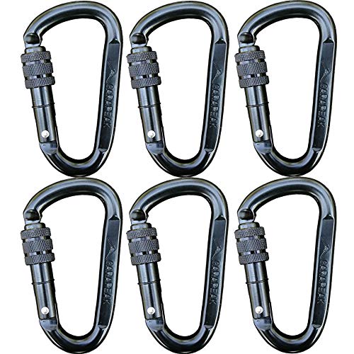 CARAPEAK 30kN Heavy Duty Screwgate Locking Snag-Free 6 Pack Set D Shape Carabiner, Strong Steel Clip for Gym, Hammock, Hunting Black