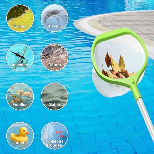KGC Épuisette de Surface avec Manche Réglable 69 CM – Filet à Mailles Ultra Fines à Longueur Réglable pour Piscine, Étang et Spa, Idéal pour Bassins Autoportants et Compatible avec Bestway, Vert