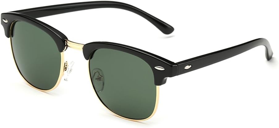 WPF Half Frame Horn Rimmed Sunglasses with Metal Rivets for Women and Men (Black Frame Deep Green Lens)