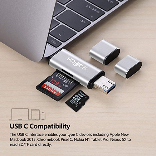 VOGEK SD Card Reader, Aluminum 3-in-1 USB 3.0/USB C/Micro USB Card Reader - SD, Micro SD, SDXC, SDHC, Micro SDHC, Micro SDXC Memory Card Reader for MacBook PC Tablets Smartphones, Silver - Thumbnail 5