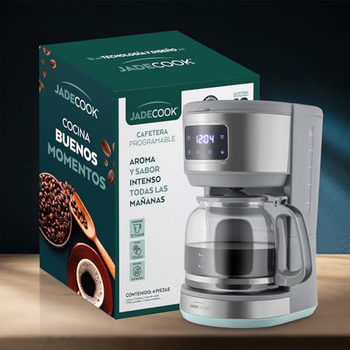 JadeCook Jade Cafetera Programable de Goteo 12 Tazas, 1.8 L, Panel Touch, Sistema Antigoteo, Jarra de Cristal, Color Plateado C0545-00