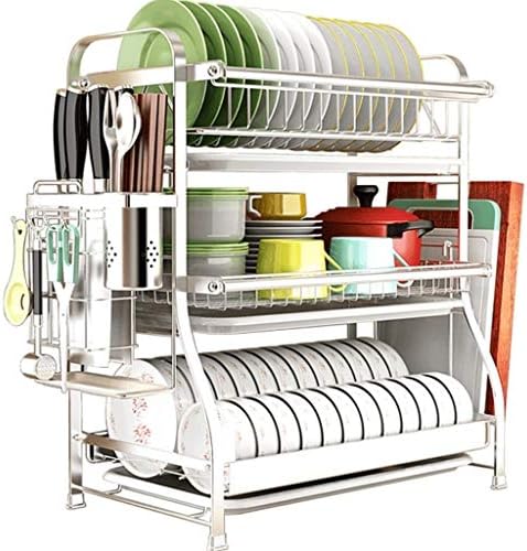 RMXMY Stainless Steel Dish Drain Drying Rack with Cutting Board Bracket 3 Layers Cutlery Rack Large Capacity Tool-Free Installation