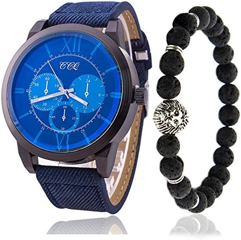 Blue Face Big Men's Watch Bracelet Set Analog Display 50mm Blue Band Roman Numerals Lion Beaded Bracelet