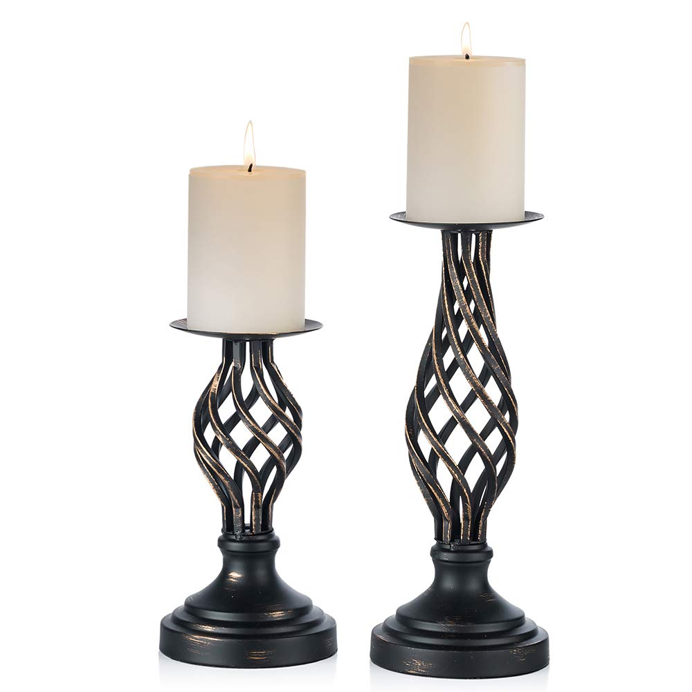 Nuptio Pillar Candle Holders Black - Vintage Metal Candles Stand Candlestick Holder Gothic, Christmas Halloween Home Living Room Fireplace Party Wedding Table Centrepiece Decor, 2 Pieces(22cm + 29cm)