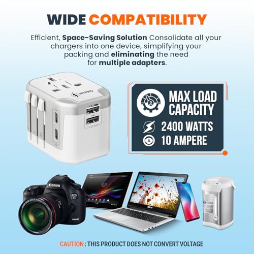 NTPRO Universal Travel Adapter-10A International Travel Adapter with 2 USB-C, 2 USB-A Ports (5-in-1), 5V-3.4A Fast Charging, Worldwide Plug Adapter for USA EU UK AUS, 2400W Max, Covers 200+ Countries
