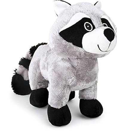 Kuscheltier Waschbär aus Plüsch, mit spitzer Nase, gestreiftem Schwanz, grauem Fell und dunklen, freundlich drein blickenden 