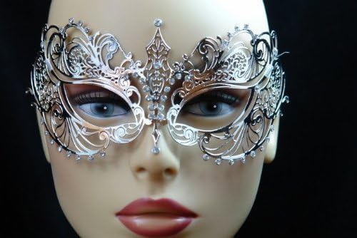 Silver Extravagant Metal Laser Cut Venetian Mask Masquerade with Sparkling Diamonds