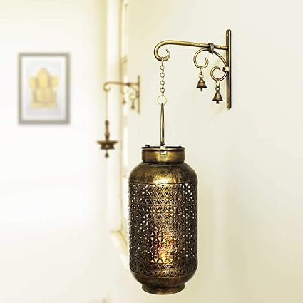 Sadhubelas Burni Diya Lantern with Hanger - Handcrafted Antique Golden Polished Spiritual Wall Decor Piece