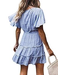 AOOKSMERY - Vestido de verano para mujer, diseño bohemio floral, cuello en V, manga corta, dobladillo con volantes, con cinturón