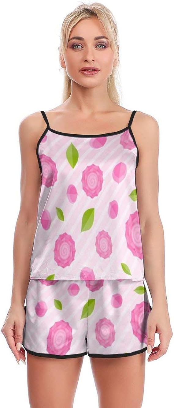 Women's Summer Pink Plants Pattern Sexy Cami Top and Shorts Pajamas Set