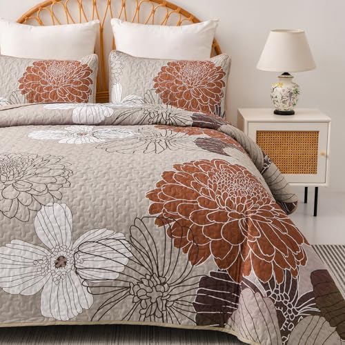 Brown Floral King Quilt Set 3 Pieces