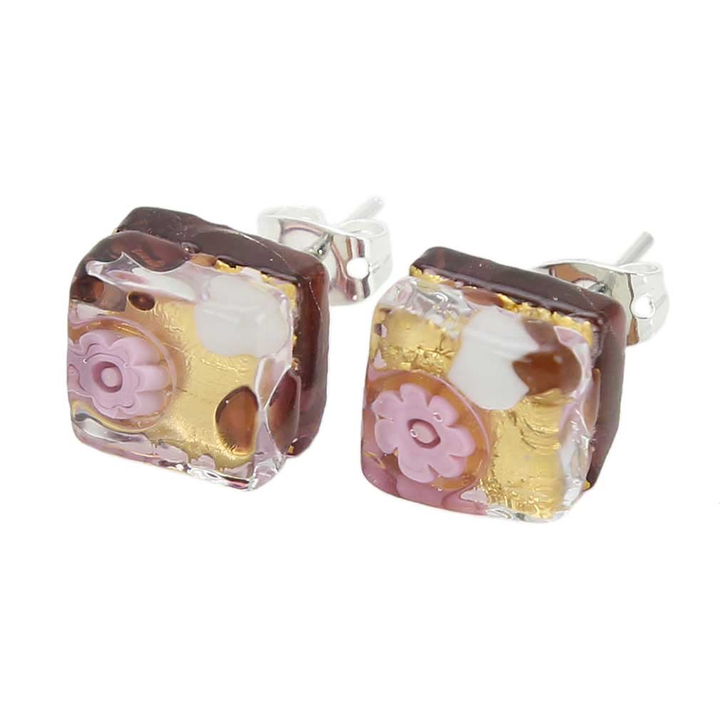 Glass Of Venice Murano Glass Venetian Reflections Square Stud Earrings - Purple Gold