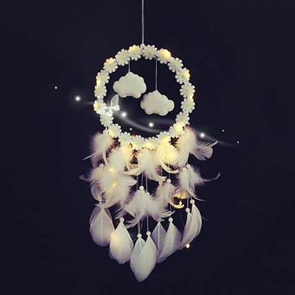 Fancyku Feather Dream Catcher with LED Lights Cloud Flower Decor for Kids Bed Room Wall Hanging Decoration Decor Ornament Craft