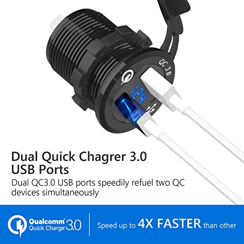 HiGoing 12V/24V Marine USB Outlet, Waterproof QC3.0 Dual USB Charger Socket with Voltage LED Digital Display for Car Boat Motorcycle Mobile (Upgraded with QC3.0)