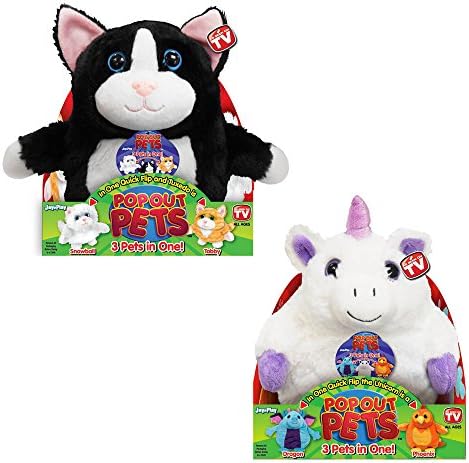 Pop Out Pets: Get 3 Stuffed Animals in One - Unicorn, Dragon & Phoenix and Tuxedo, Snowball & Tabby Cat