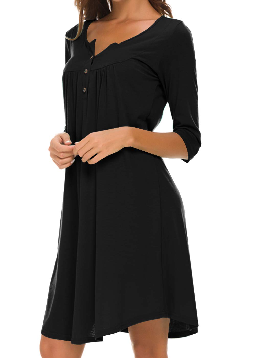 AMCLOS Womens V Neck Dress Casual Swing Simple Ruffle Button up Loose Dresses 3/4 Sleeve Long Sleeve (Medium, Long-Black)