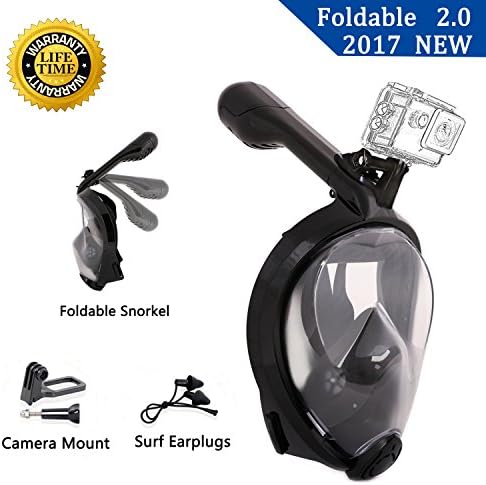 Full Face Snorkel Mask Surface Diving Scuba Gear Easy Breathing with Dry Snorkel &amp; Camera Mount 180°Panoramic View Anti fog Anti Leak Snorkel Underwater for Adult &amp; Youth (BLACK, S/M)