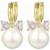 MIKAMU 14K Gold Ribbon Bow Hoop Earrings for Women CZ cubic zirconia Gold Plated Pearl Earring for Women Jewelry