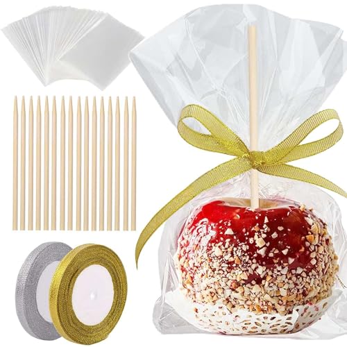 200 Pack Candy Apple Caramel Apple Sticks and Bags,100 Bags,100 Sticks, 50 Yard Gold and Silver Glitter Ribbon Caramel Apple Making kit
