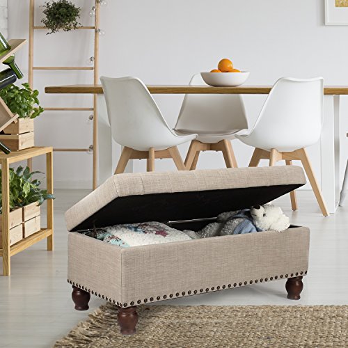 Asense Fabric Rectangle Tufted Lift Top Storage Ottoman Bench, Footstool with Solid Wood Legs, Nailhead Trim (Beige)