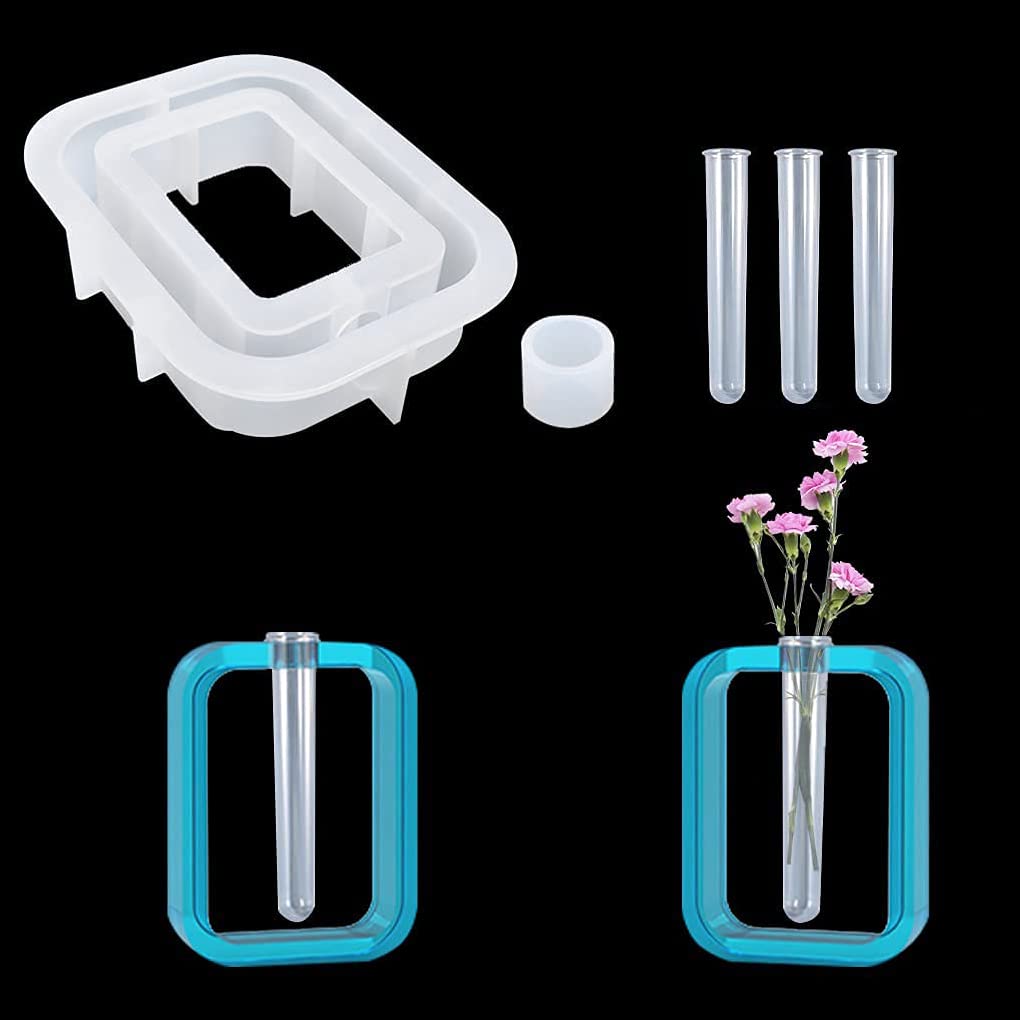 FineInno Vase Resin Mould with 3 Test Tubes, Propagation Station Mold Silicone, Hydroponic Vase Mould for Epoxy Resin, Hollow Rectangle Planter Mould for Home Decor