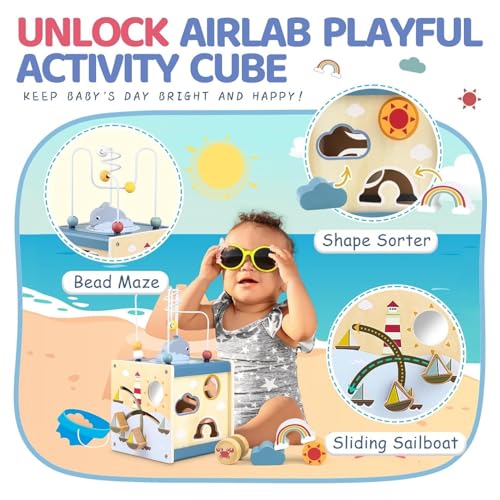 AM ANNA Wooden Activity Cube for Toddlers 1-3, in 1 Ocean Animal Shape Sorter Bead Maze Montessori Toys Baby 6-12 Months,Baby Activity Cube 1-3 Boys Girls Baby Sensory Interactive Birthday Gift