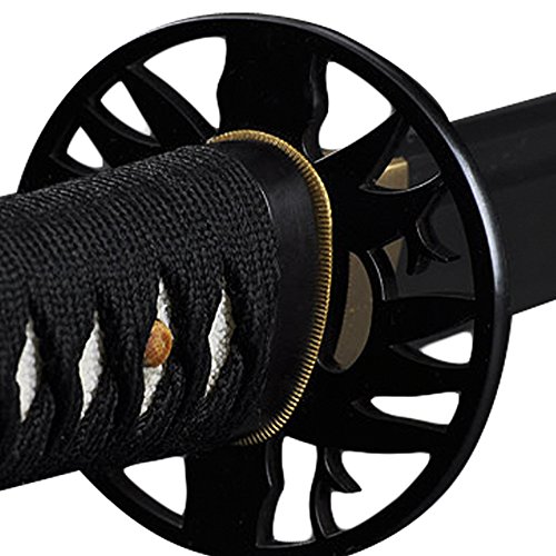 Deal of the Day - Japanese Samurai Katana Swords, Practical, Hand Forged, 1095 Carbon Steel, Clay Tempered, Full Tang, Sharp, Tree Pattern Tsuba, Black Scabbard, Silk Box, Accessories, Certificate