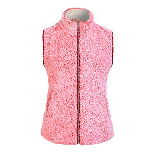 DaoAg Womens Solid Color Vest Winter Warm Outwear Casual Faux Fur Zip Up Sherpa Jacket with Pocket (Pink, M) - Thumbnail 2