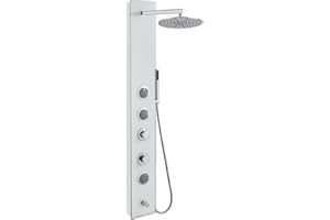 MENATT White Glass Shower Panel Tower System, 304 Stainless Steel and Glass 4 in 1 Shower Tower System with 9-inch Shower Head, 3 Body Massage Jets, Handheld Shower and Tub Spout