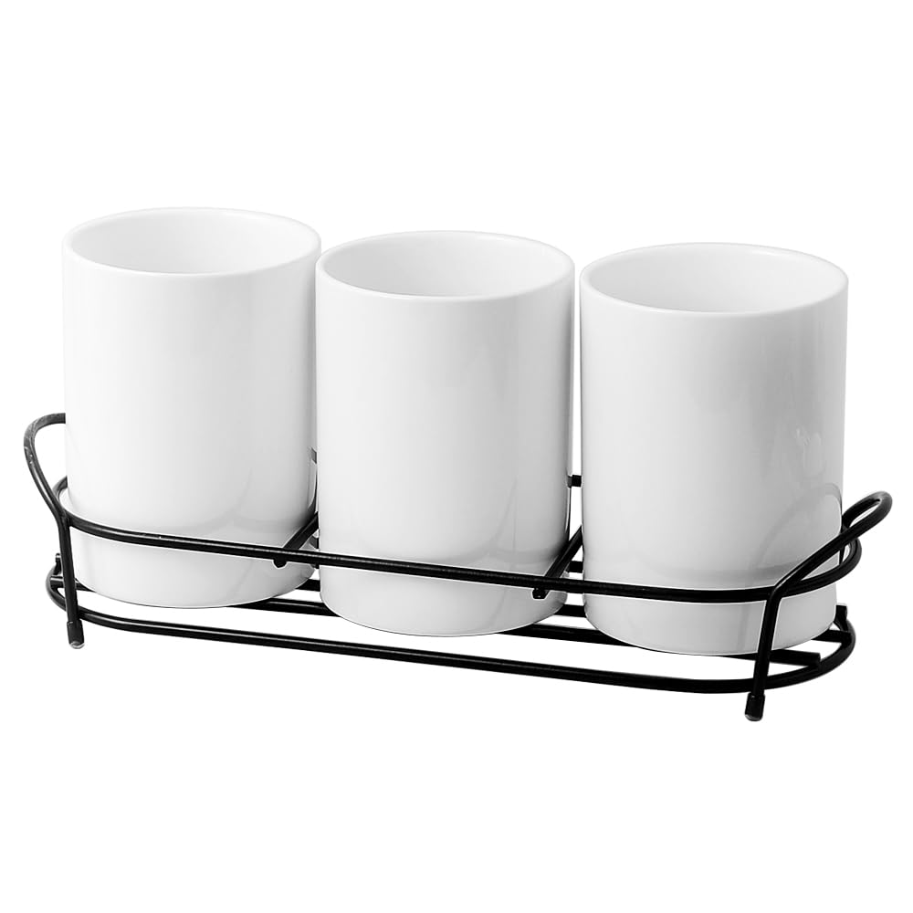 Photo 1 of ***CUPS NOT INCLUDED**Maxramic 3-Piece White Ceramic Silverware Caddy with Black Metal Rack, Utensil Holder Flatware Caddy Cutlery Storage Organizer for Kitchen Table (White+Black)