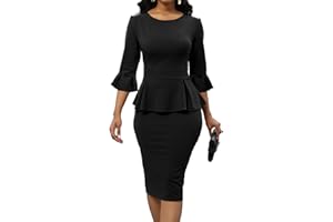 OXGMOKY Women's Work Business Dress Bodycon Dress 3/4 Lantern Sleeves Round Neck Pencil Dresses