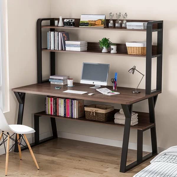 Photo 1 of Leconteur Computer Desk with Hutch, 47” Writing Study Table + Book and Storage Shelves, Space Saving Home Office Workstation, Brown