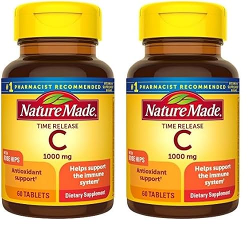 Nature Made Vitamin C 1000 mg Time Release Tablets with Rose HIPS, 60 Count to Help Support The Immune System (Pack of 2)
