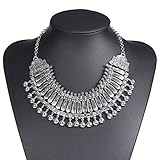 Zhenhui Vintage Necklace Statement Bib Choker Coin Tassels Hippie Boho Festival Tribal (Grey)