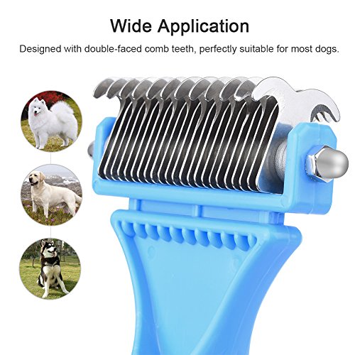 Petacc Useful Pet Dematting Comb Multi-functional Pet Grooming Brush Practical Pet Grooming Tool with 2 Sided Undercoat Rake, Suitable for Dogs and Cats, Blue