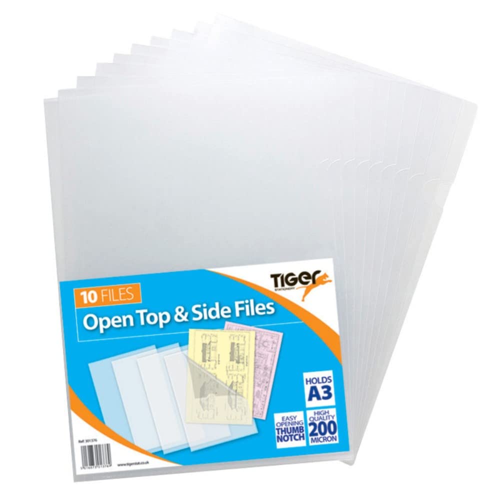 10 x A3 Clear File Covers Open Top + Side Premium Plastic Folder Wallets