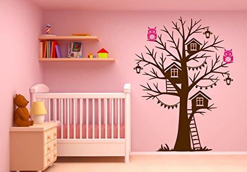 Tree House Wall Decal Sticker Vinyl Nursery Art Owls Decor Oak (Brown Tree/ Pink Owls)