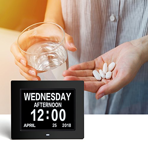 AmoVee Day Clock Calendar Day Digital Alarm Clock with Extra Large Non-Abbreviated Display for Elderly, Vision Impaired, Dementia, Memory Loss, Black