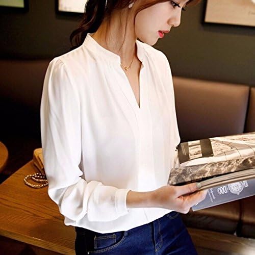 Casual White Women Blouse Ladies Solid Elegant V-neck Blouses Long Sleeve OL Office Shirt (Size L)
