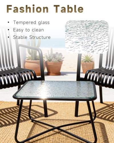 HariNorgen 3 Piece Patio Bistro Set Indoor Conversation Set Outdoor Garden Balcony 2 Large Black Plastic Armchairs & Square Glass Top Coffee Side Table,Black