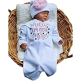 Newborn Girl Coming Home Outfit Hello I am New Here Layette Gown Beanie Set Baby Shower Gifts Pink Navy 0 to 3 Months