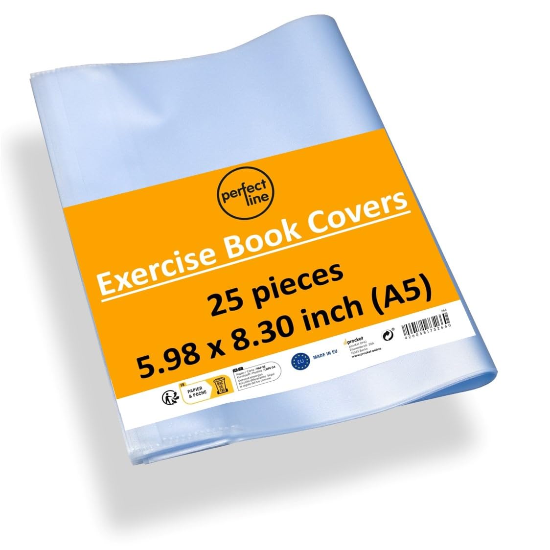 perfect line • Pack of 25 Exercise Book Covers, 5.98 x 8.3 inch, Transparent Recyclable Plastic Book Covers, Embossed Book Cover Protector DIN A5 (5.98 x 8.3, Inches)
