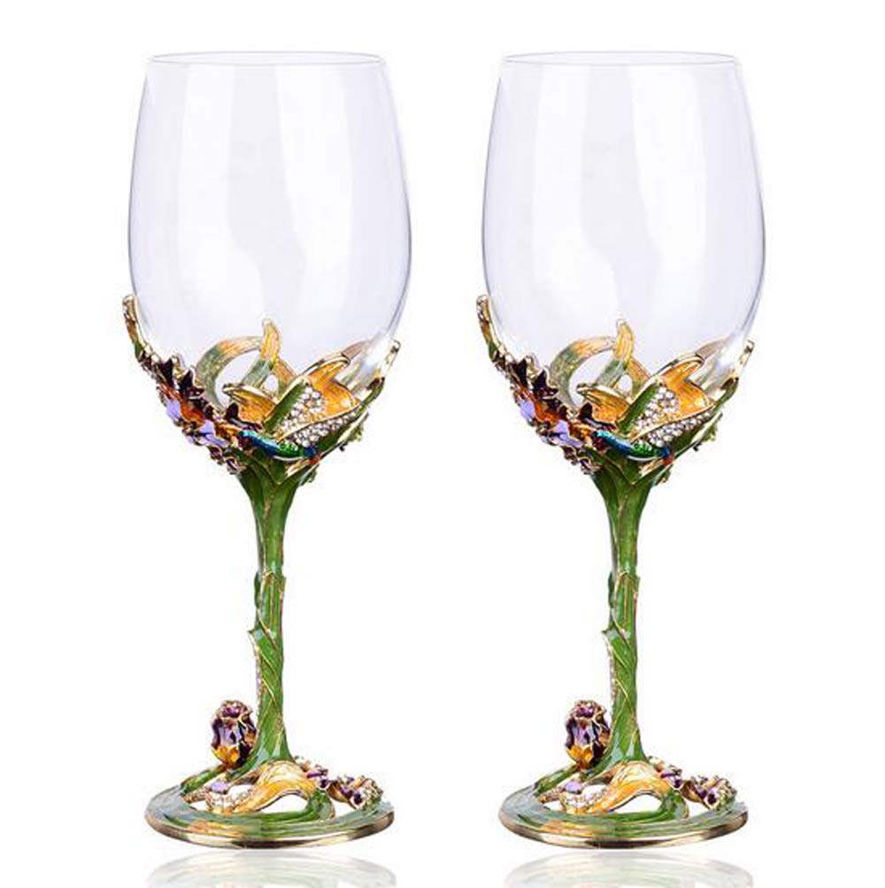 YBK Tech Handmade Enamel Craft Crystal Red Wine Glasses Set of 2 in Gift Box, Iris Design (Green)